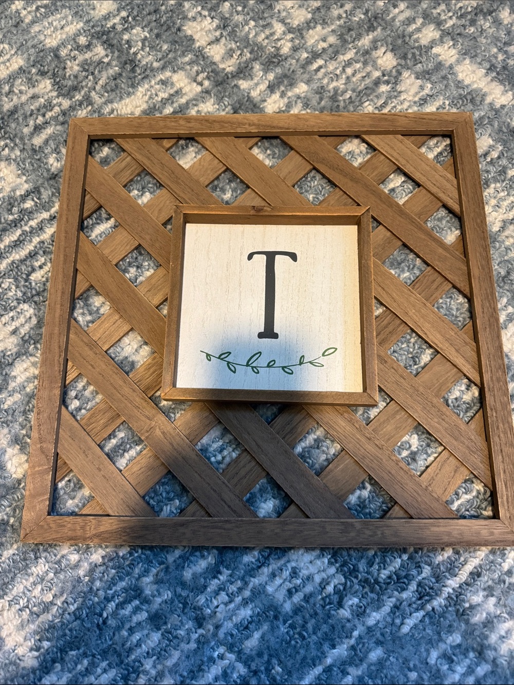 Wooden Lattice Wall Art with Monogram 'T' in Natural Brown and Cream